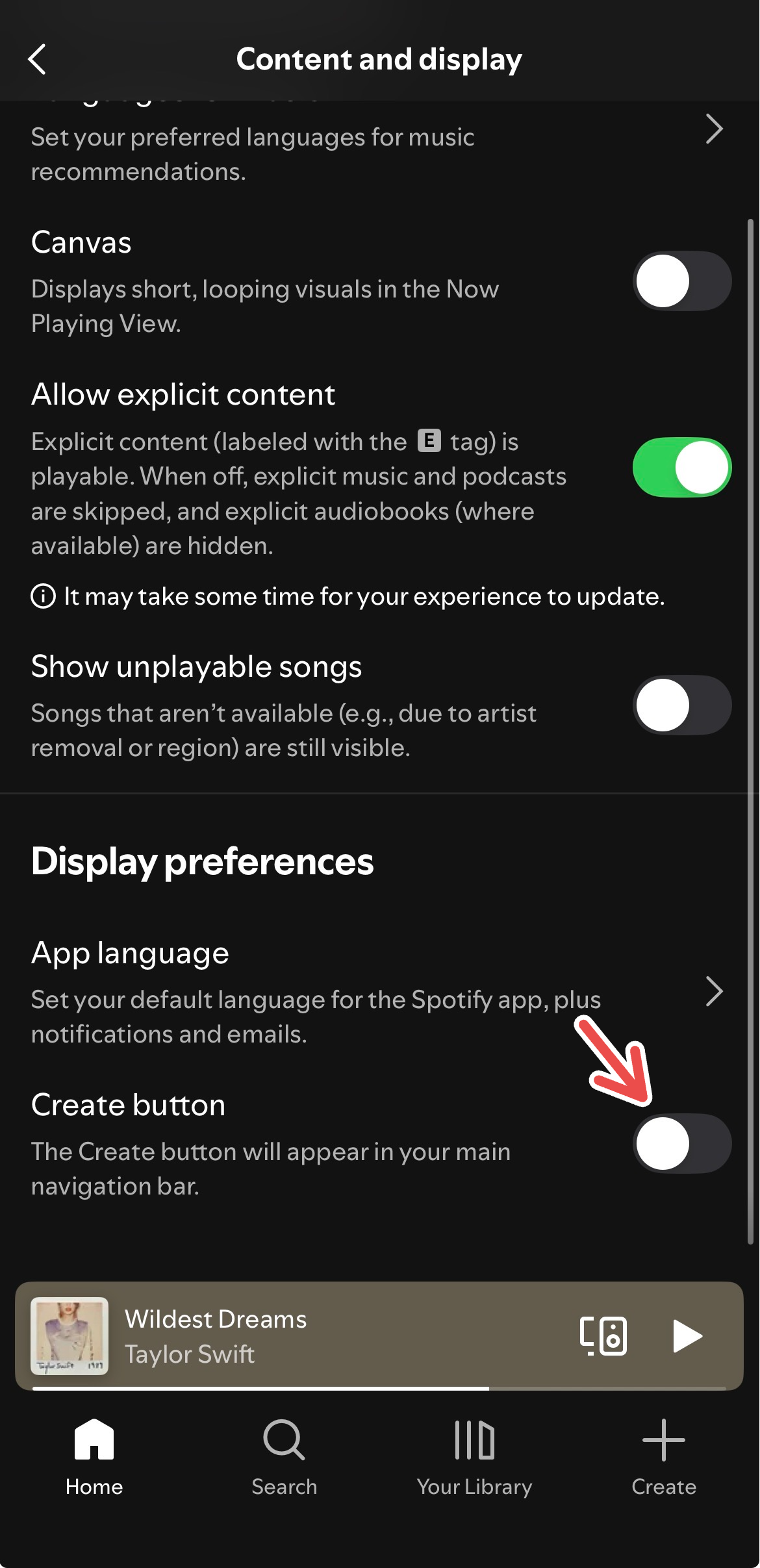 Disabling the Create button on Spotify.