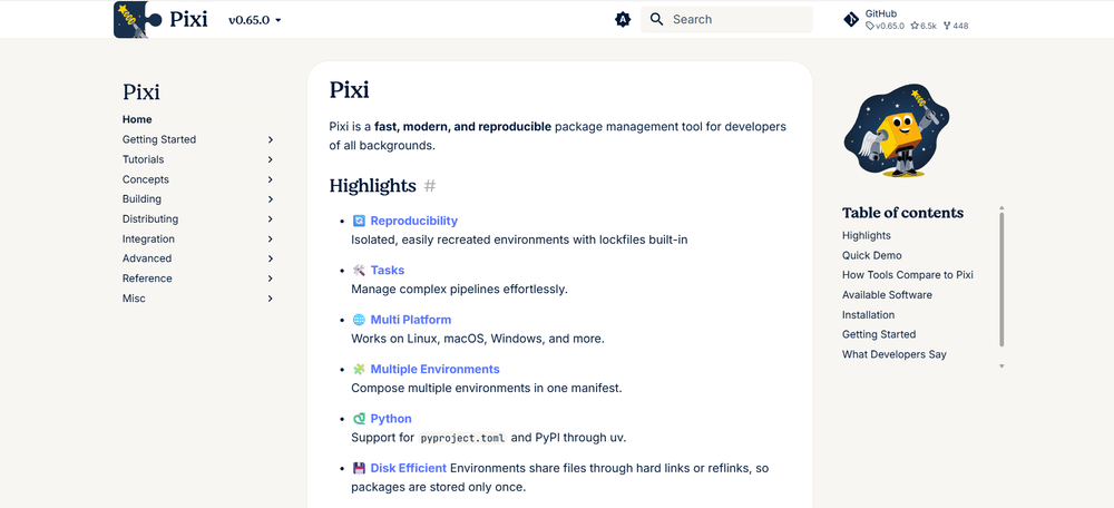 Pixi homepage showing the installation process for the Python package manager