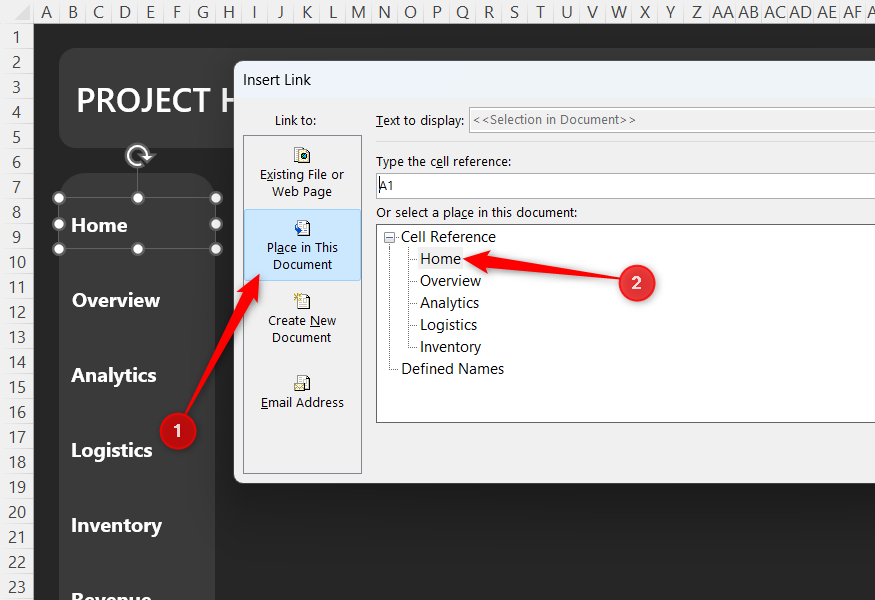 Place in This Document is selected in Excel's Insert Link dialog, and the Home worksheet is clicked as the link destination.