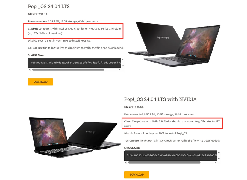 Pop!_OSのISOダウンロード画面、Nvidiaドライバー選択肢が表示されている