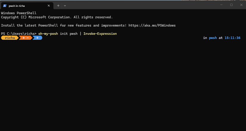 A screenshot of Windows Terminal showing how the app Oh My Posh impacts the look and feel of Windows Terminal
