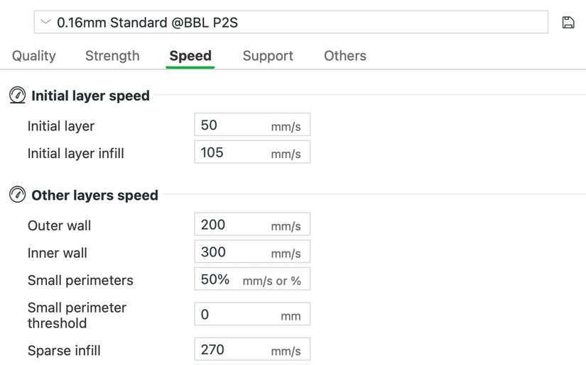 Print speed settings in Bambu Studio.