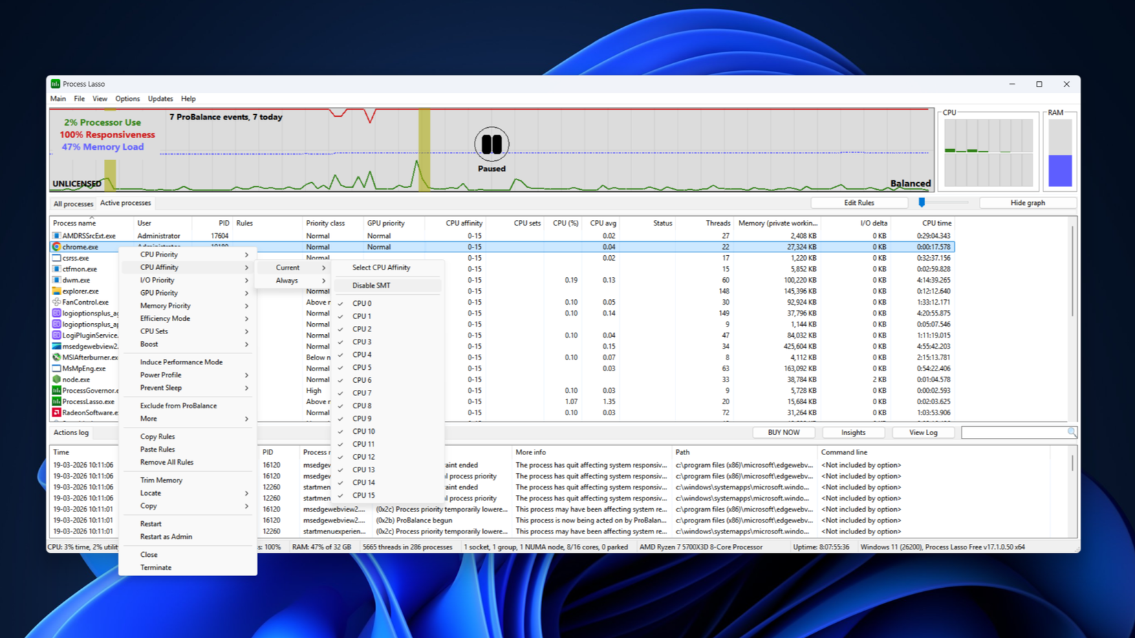 CPU Affinity menu in Process Lasso. 