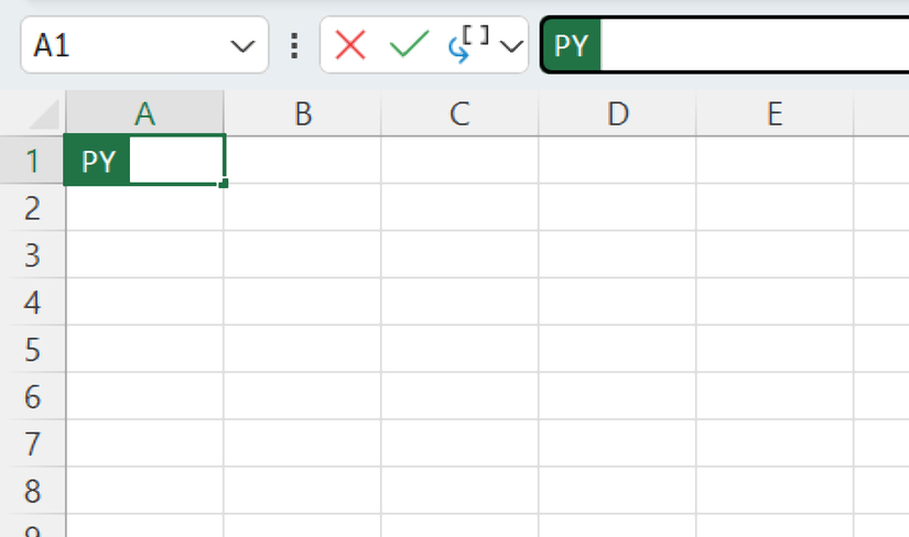 PY typed into the formula bar in Excel to begin a Python formula.