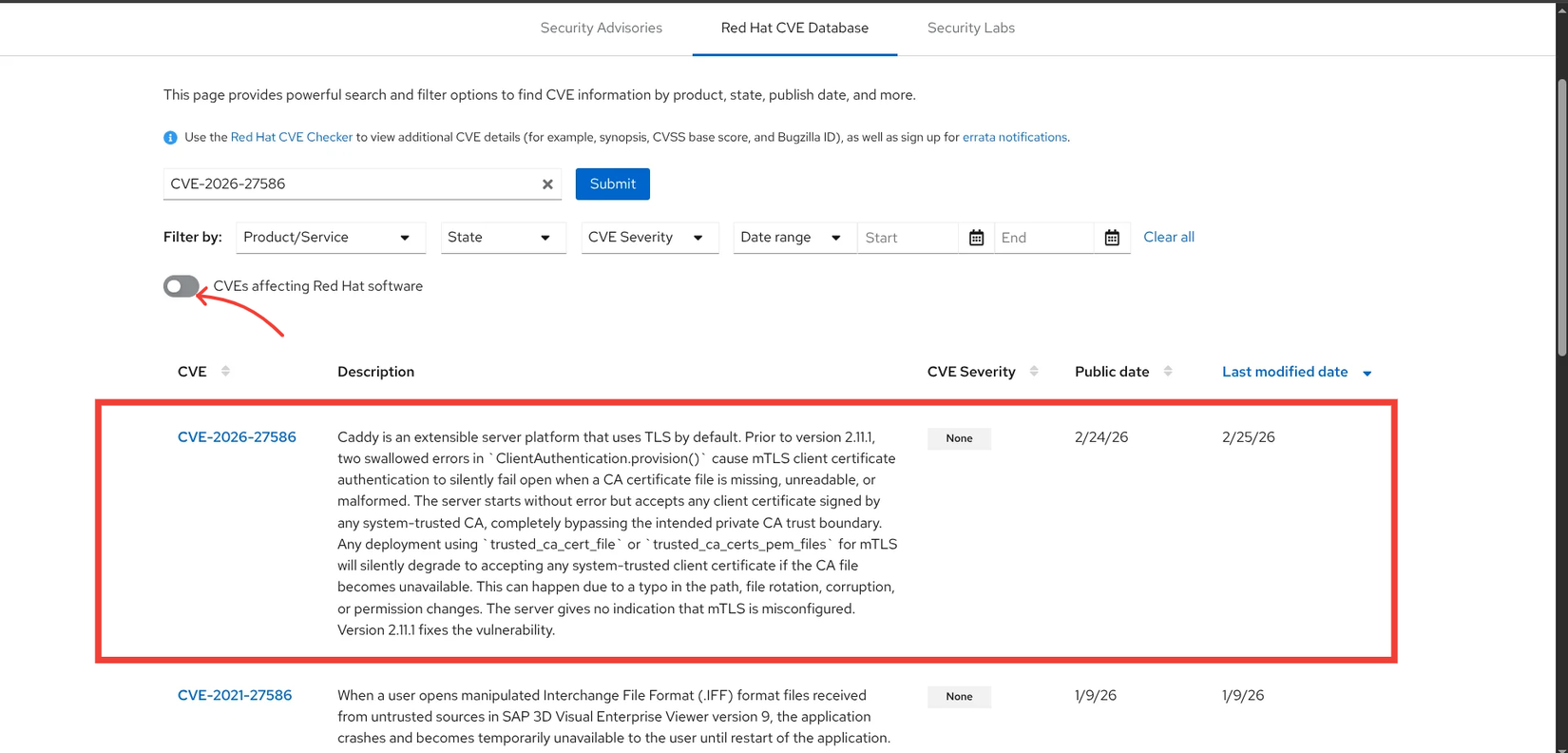 Redhat CVE database search result