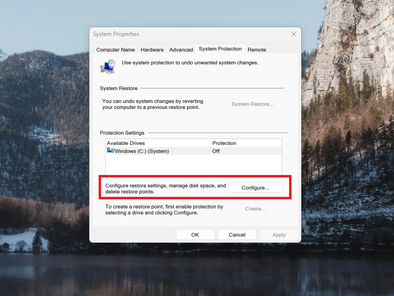 A screenshot of Windows 11 search open to the Windows Recovery settings, the configure option is highlighted in red.