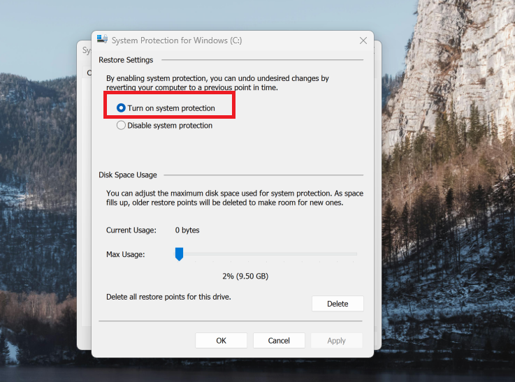 A screenshot of Windows 11 search open to the Windows Recovery settings, Turn on system protection is highlighted in red.