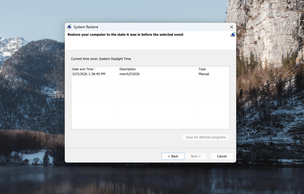A screenshot of Windows 11 search open to the System Restore dialog that shows you all your saved Restore points. 