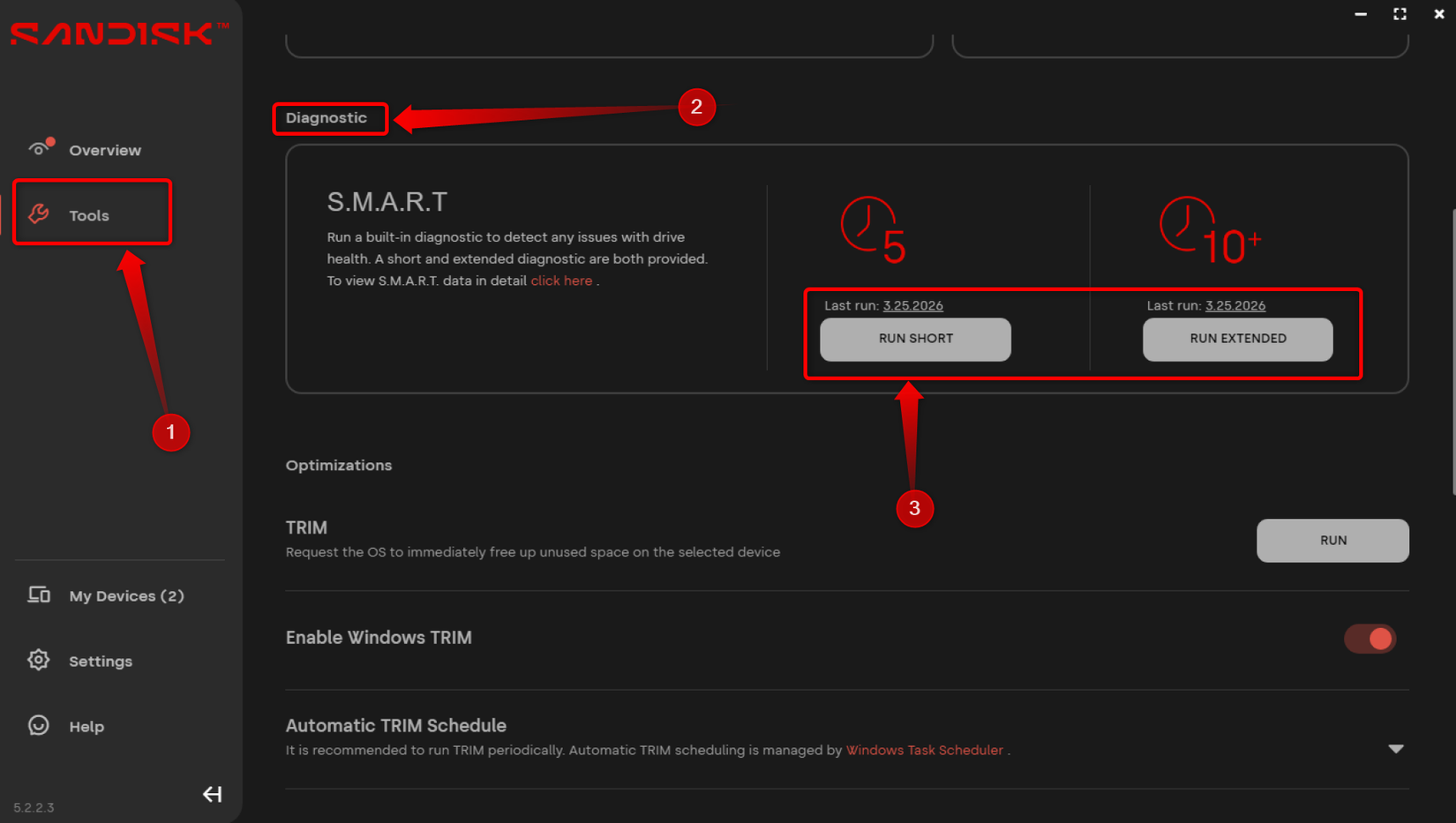 Вкладка S.M.A.R.T.-тестов в SanDisk Dashboard.