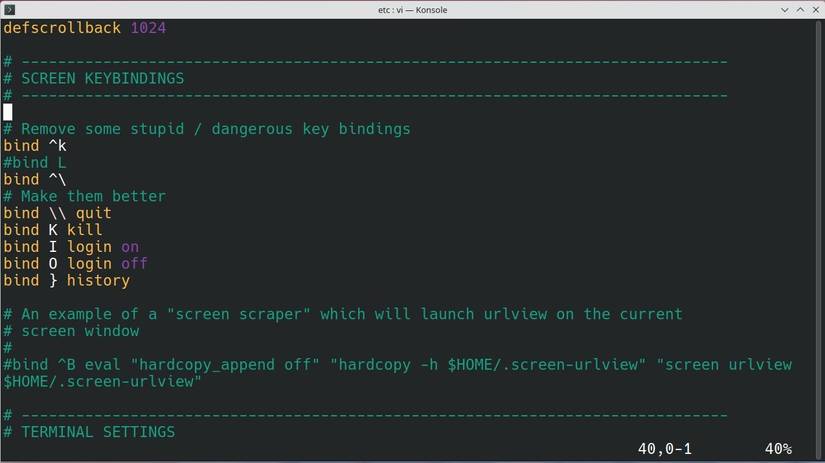 The default screenrc file located in the etc folder. 