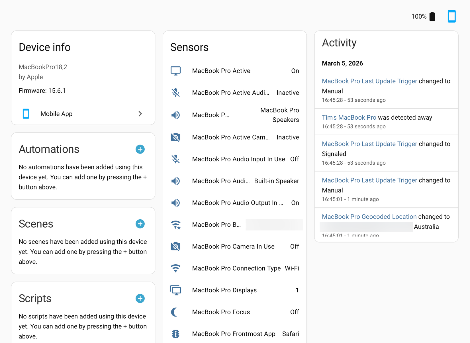 Сенсоры MacBook Pro в Home Assistant.