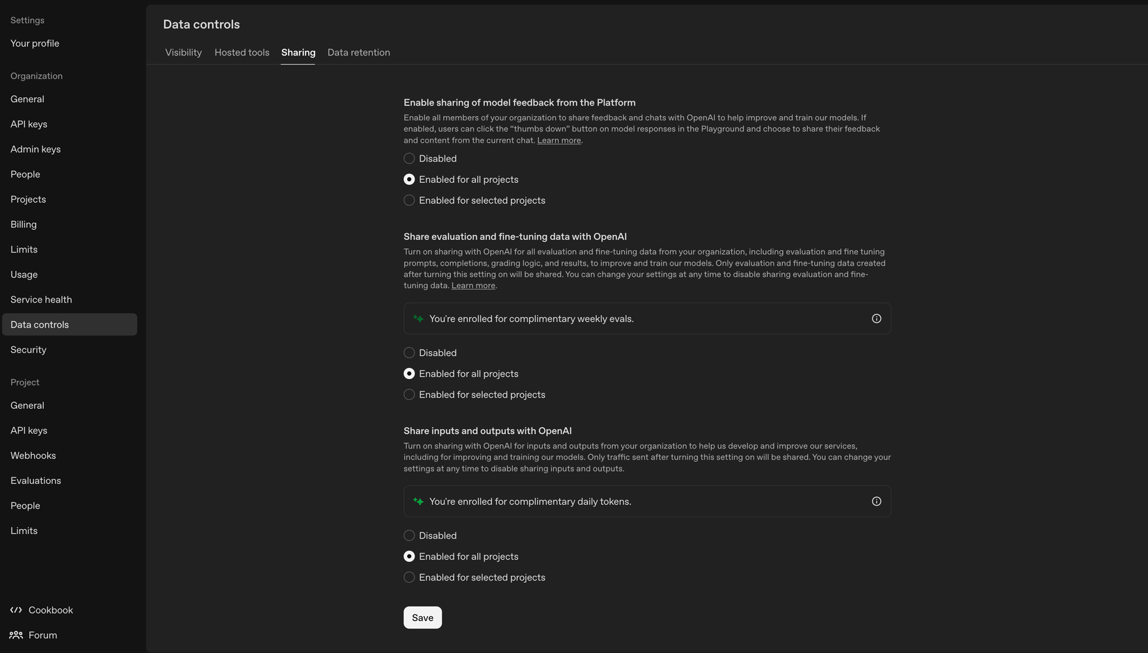 The OpenAI Platform dashboard showing settings for data sharing to get free API access.