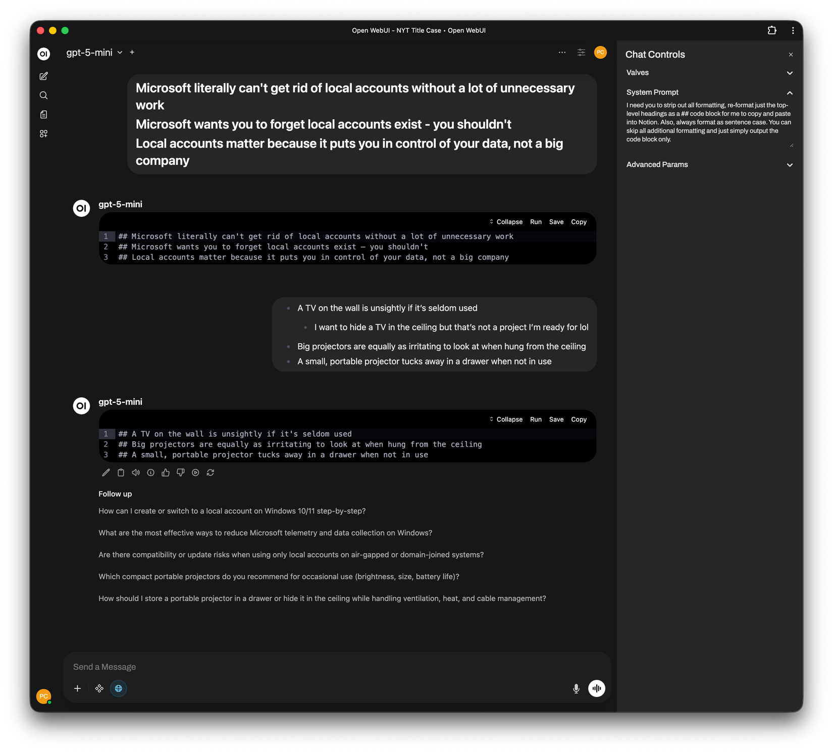 Open WebUI showing a conversation with a custom system prompt explaining how to format the output of what you send to it.
