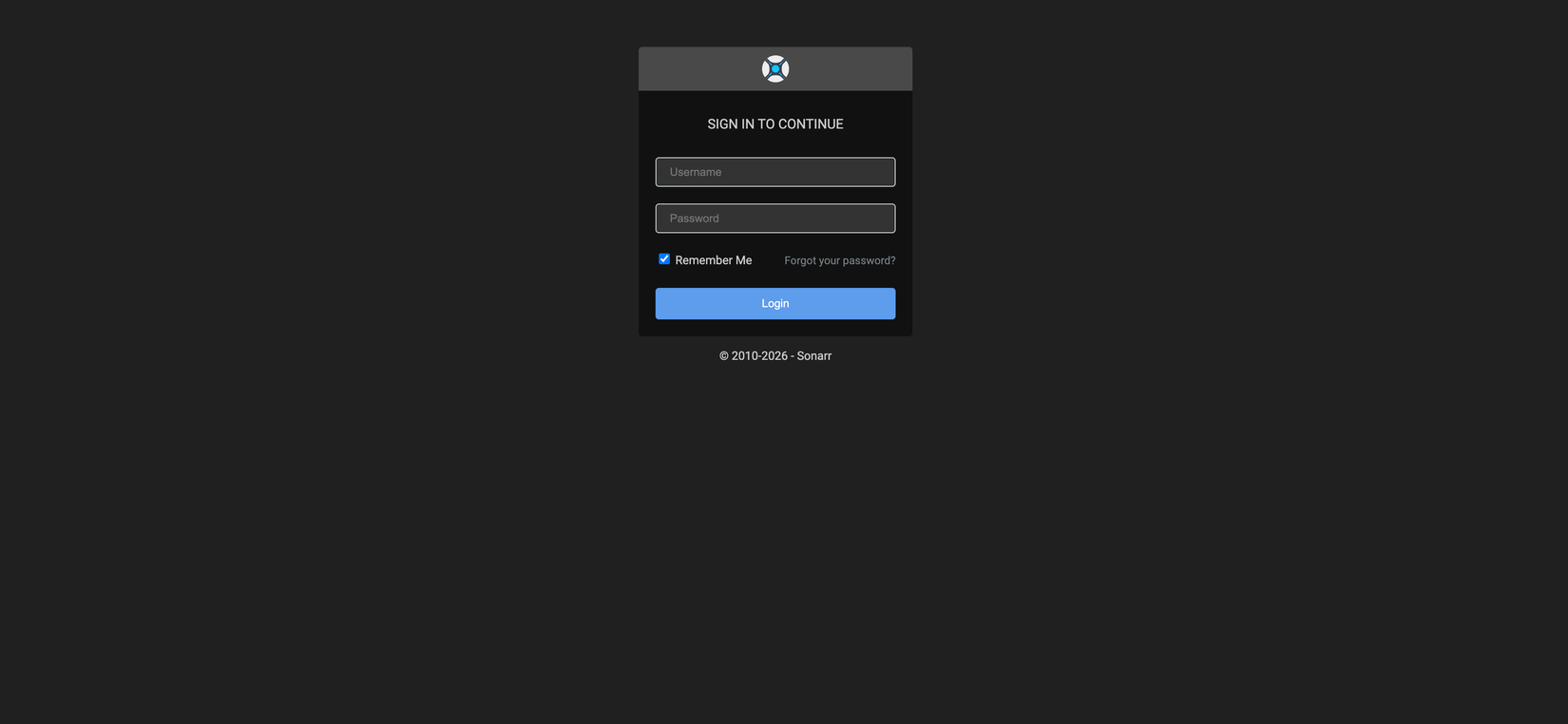 The Sonarr admin dashboard login page.