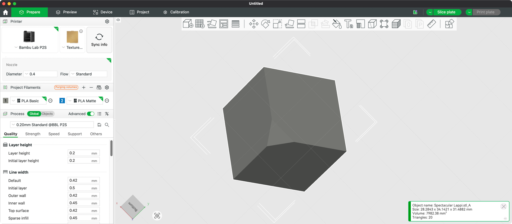 A cube with its corner trimmed in Bambu Studio slicer.