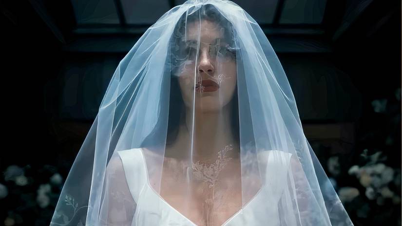 Camila Morrone in her wedding dress in Something Very Bad Is Going to Happen