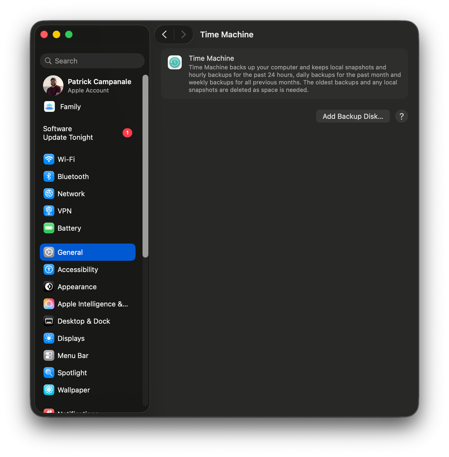 macOS Time Machine settings showing no configured disk as a backup target.