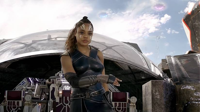 Valkyrie stumbling off her ship in Thor: Ragnarok