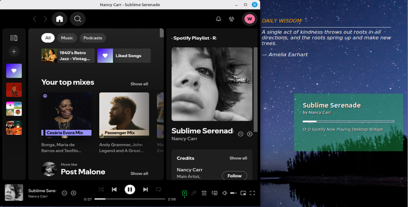Spotify が再生中のデスクトップ ウィジェットのスクリーンショット