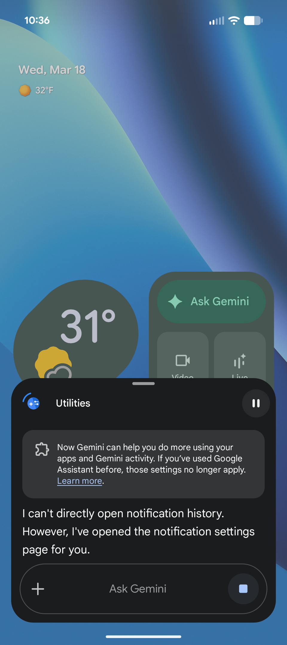 Открытие истории уведомлений на Google Pixel 10a через Gemini.
