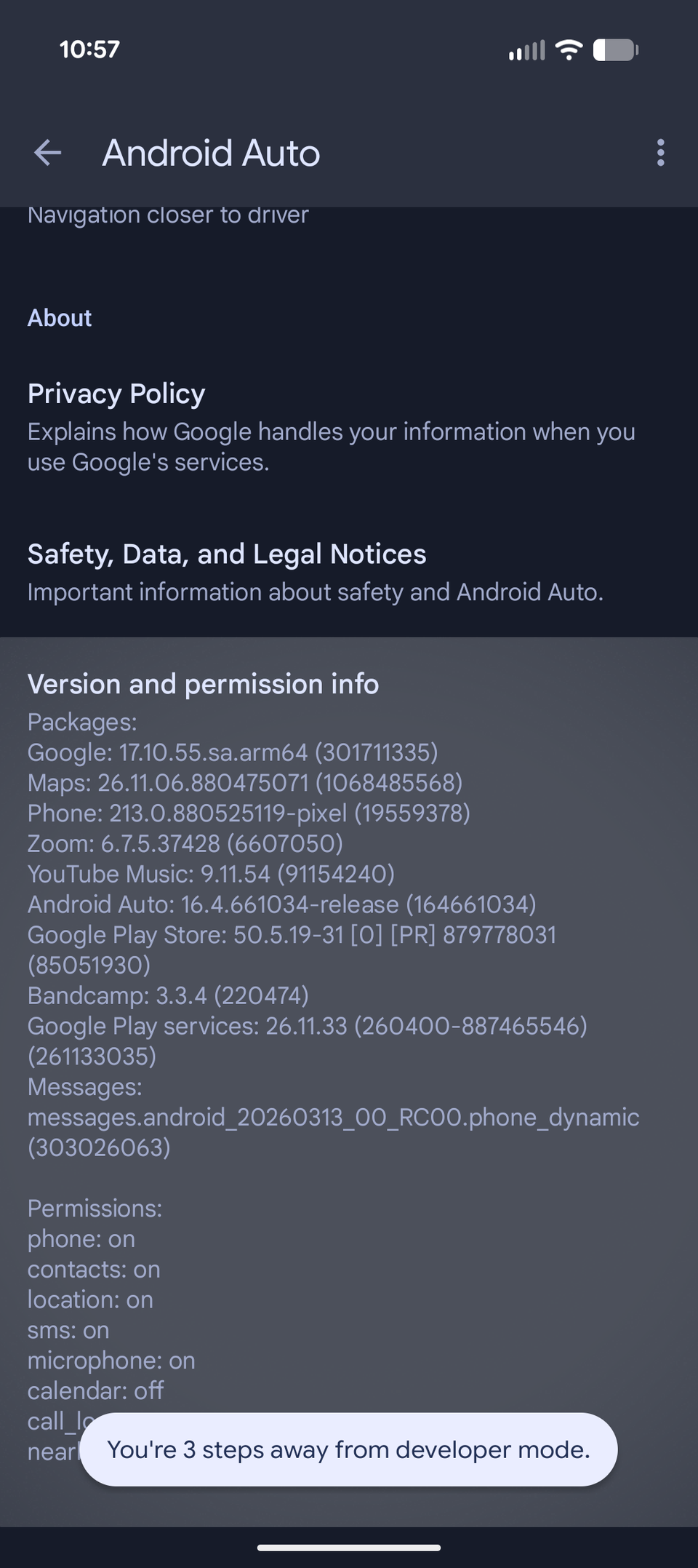 Three steps from developer mode in Android Auto.