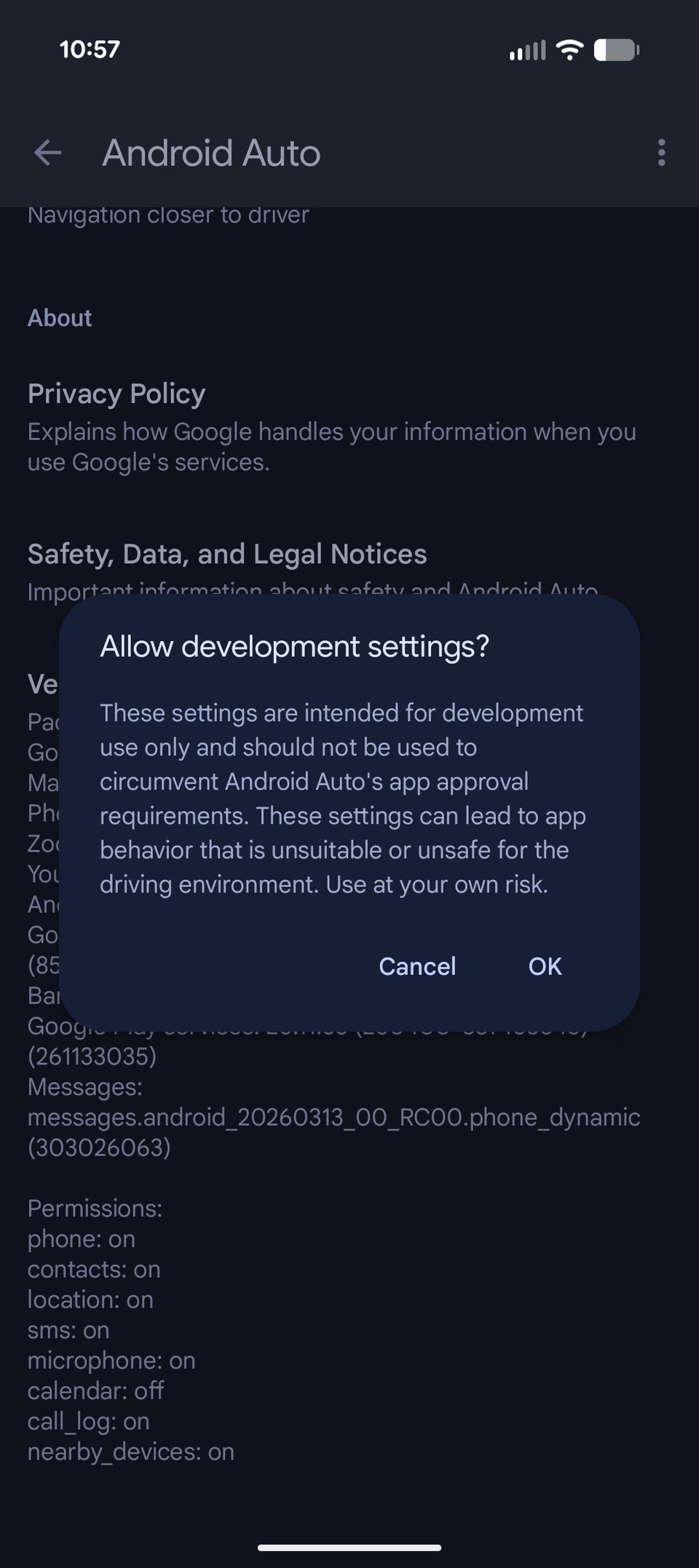 Allowing Android Auto developer options on a Google Pixel 10a.