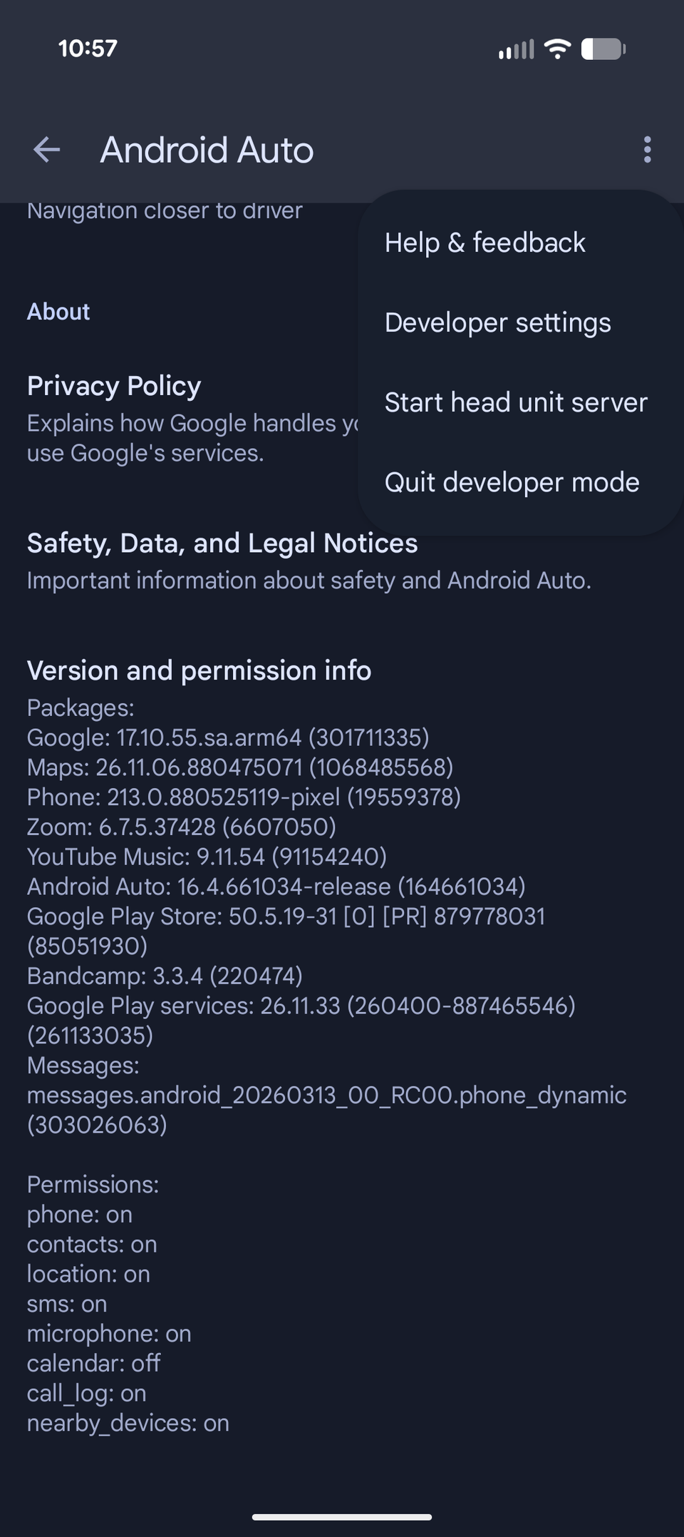 Android Auto developer settings in the overflow menu.