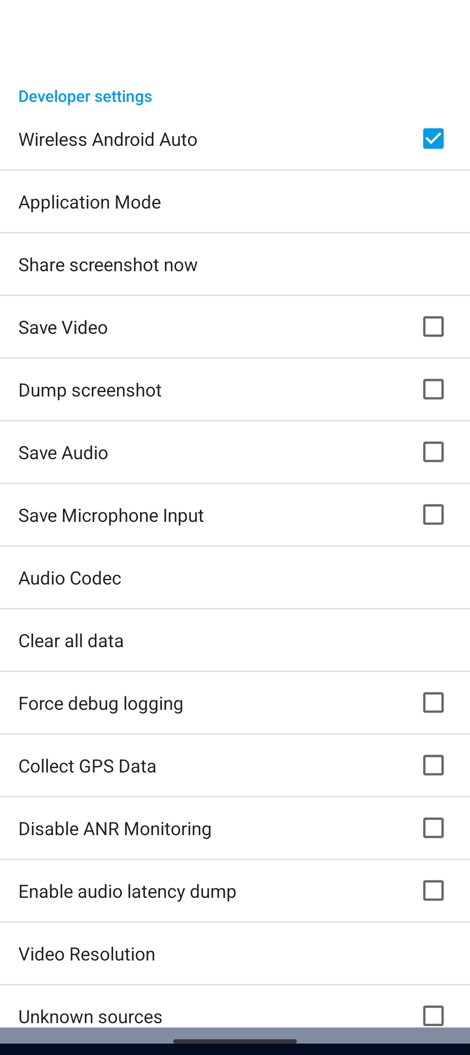 Developer options for Android Auto. 