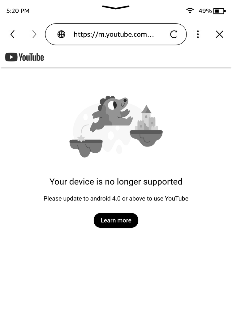 Браузер Kindle не может открыть YouTube.