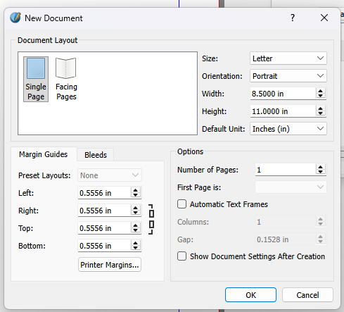 An image of the Scribus opening screen with options for setting up a new document