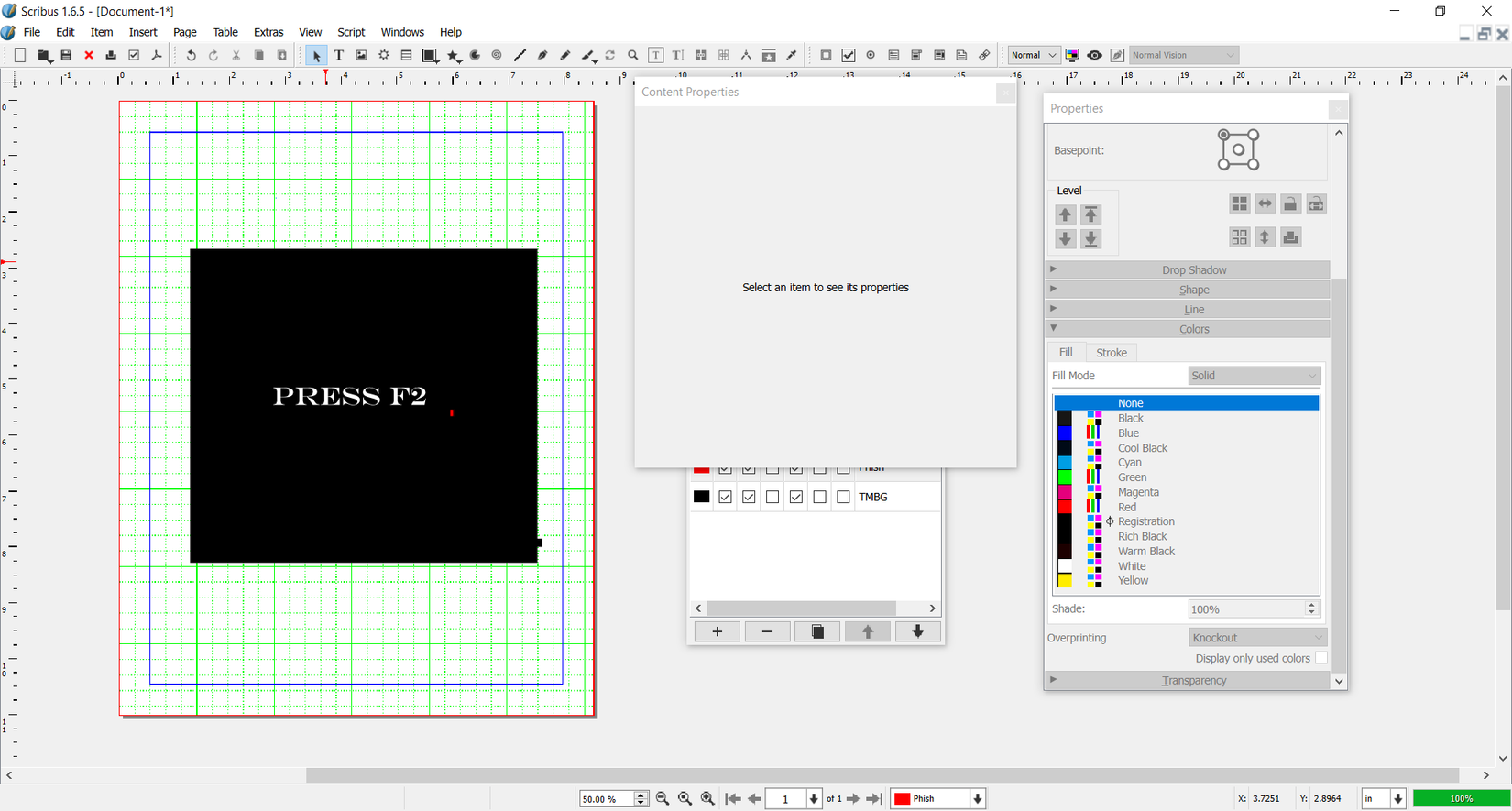 A black box with white text saying "press F2" inside the Scribus editor.