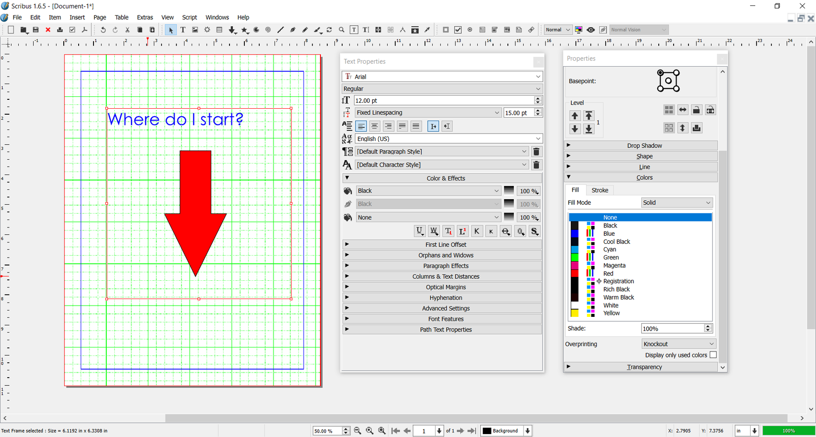 The words "where do I start?" with a red arrow pointing downward in the Scribus editor.