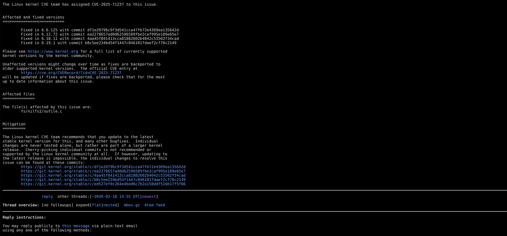 result of CVE search on Linux kernel archive