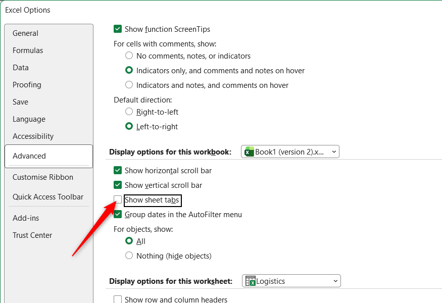Show sheet tabs is unchecked in Excel Options.
