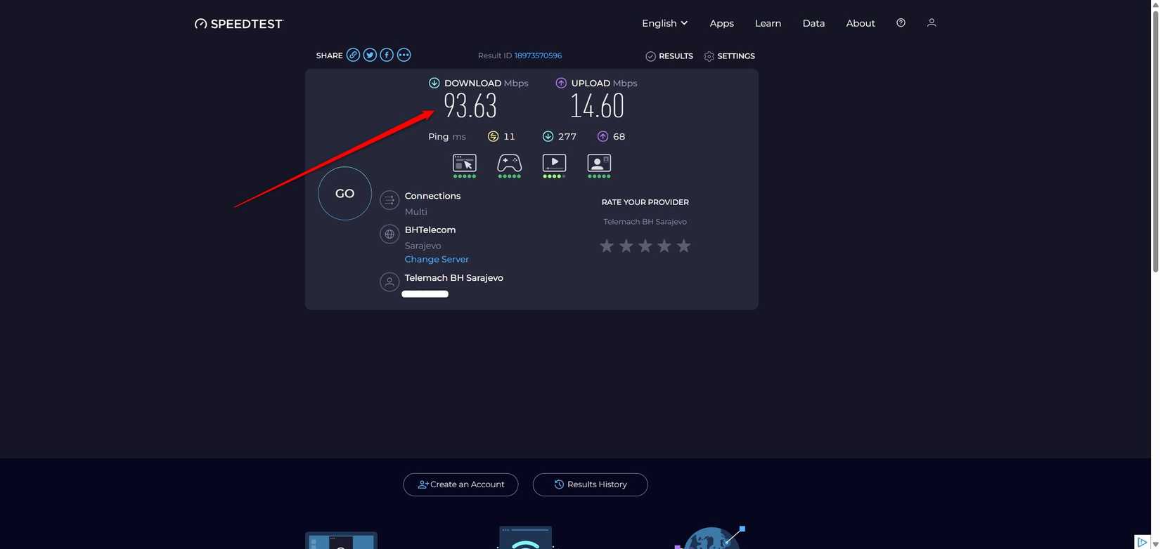 A speed test showing a download speed of 93Mbps.
