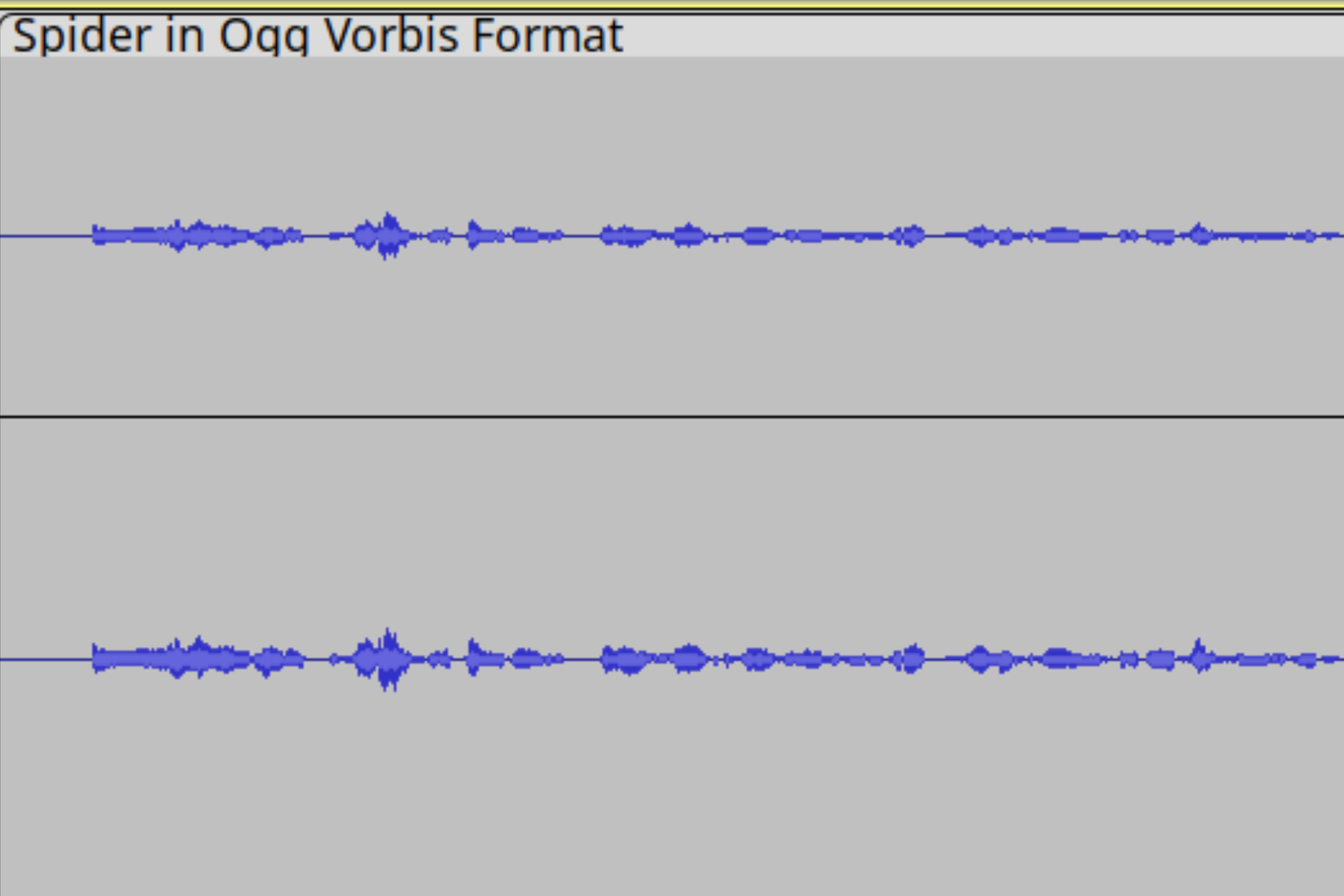An ogg vorbis waveform of a Walt Whitman poem about spiders, displayed in audacity, with the words "Spider in Ogg Vorbis Format" displayed at the top of the track