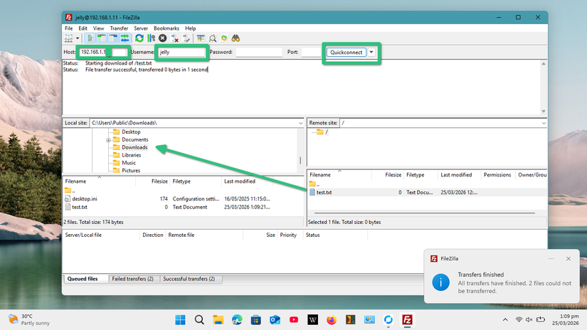 It successfully connected to the FTP server and dragged the files to the local computer.