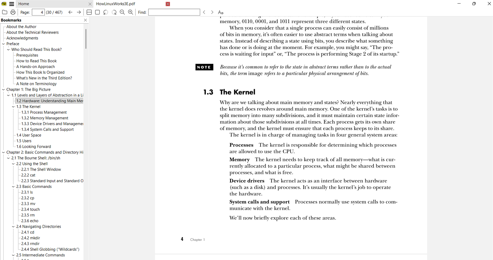 SumatraPDF showing a page from the book, "How Linux Works."