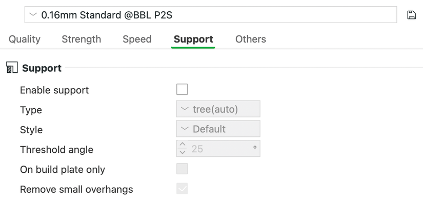 Support settings in Bambu Studio.