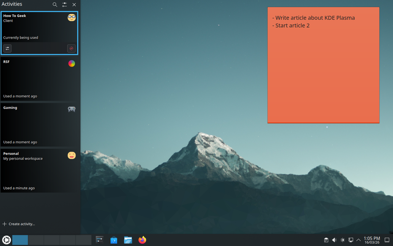 Switching KDE Activities profile to How To Geek client with separate desktop widget to do list of tasks.