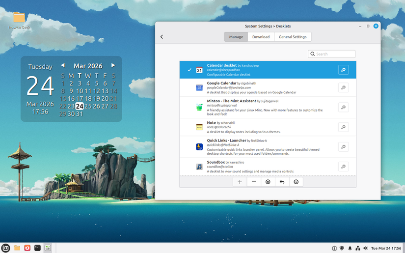 System Settings Desklets panel with Calendar Desklet selected on Linux Mint desktop.