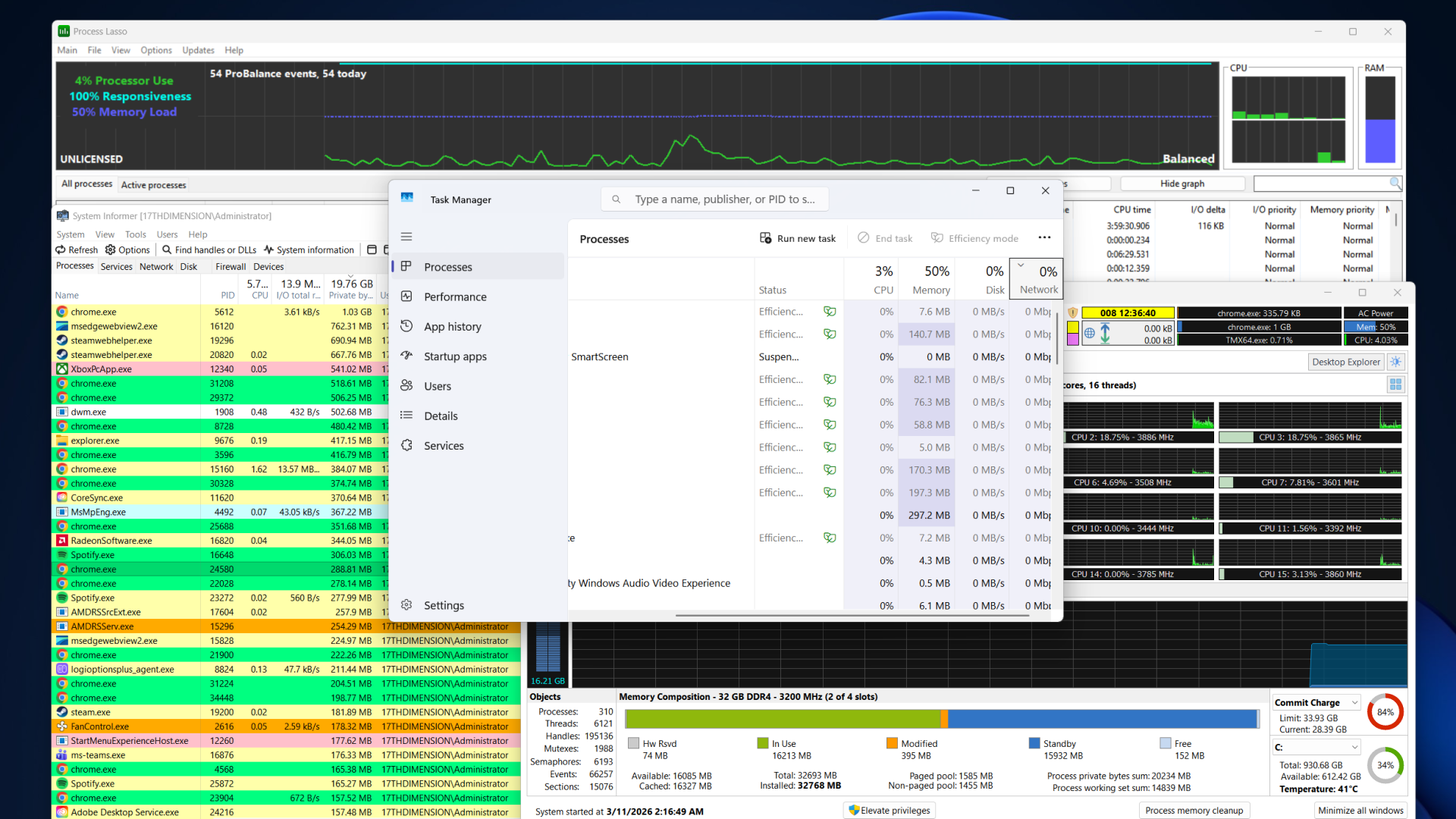 Four different task manager apps opened at the same time on Windows desktop. 