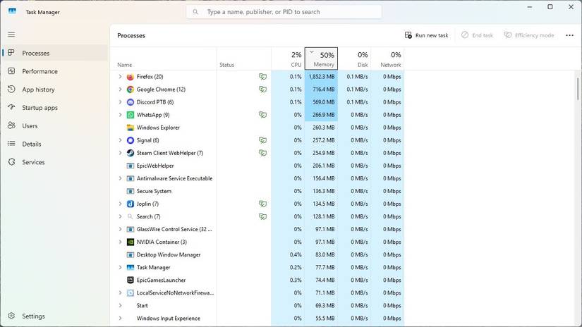 The apps running in Task Manager. 