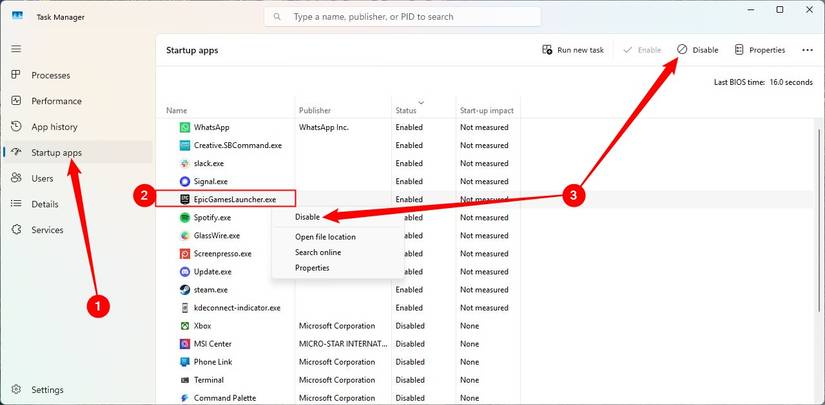 Go to the Startup apps tab, then right-click any app to remove it from the auto-start list. 