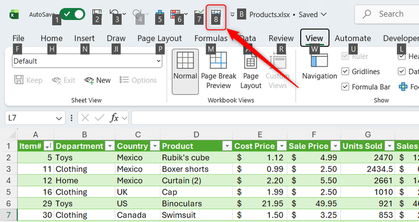 The Alt key is pressed in Excel to reveal that the Zoom to Selection tool is assigned the Alt+8 shortcut.