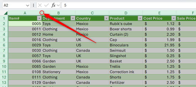The boundary between two column headings in Excel where one can double-click to autoresize the column widths.
