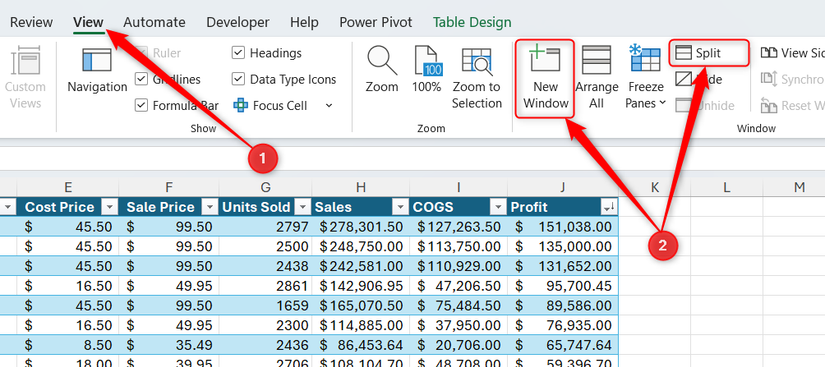 Excelの新しいウィンドウと分割ビュー機能
