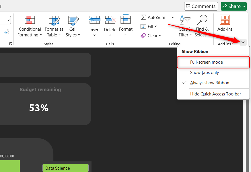 The Full-screen mode option is highlighted in the Excel ribbon drop-down menu.