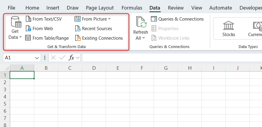The Get and Transform Data group in Excel's Data tab.