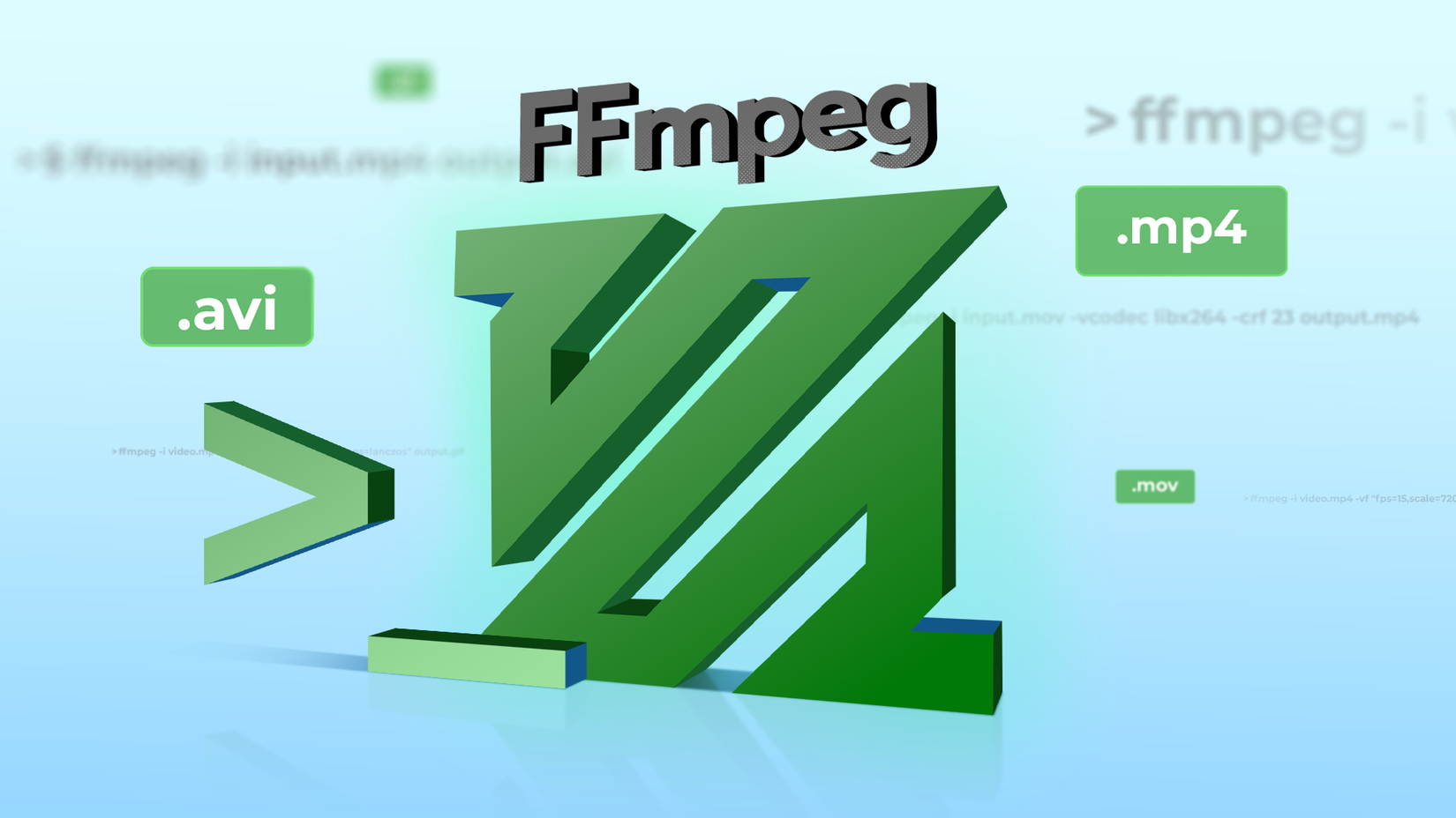 The green FFmpeg logo with AVI, MP4, and MOV file extensions floating around it and blurred command-line code on a blue gradient background.